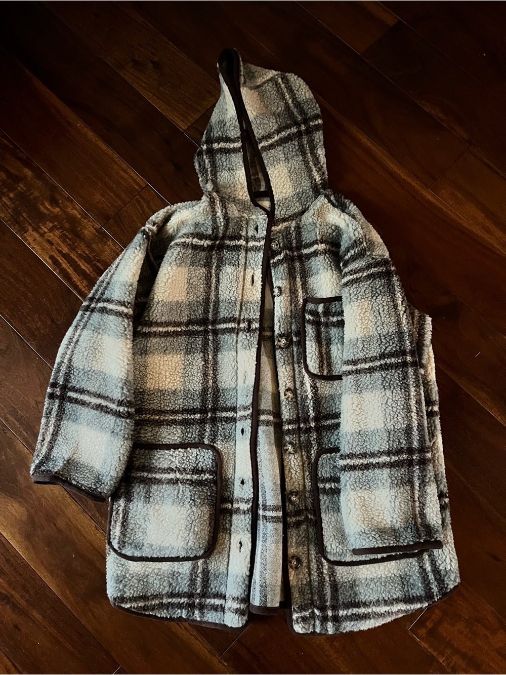 Toad & Co Plaid Sherpa Hooded “Barn” Coat in Cream and Brown